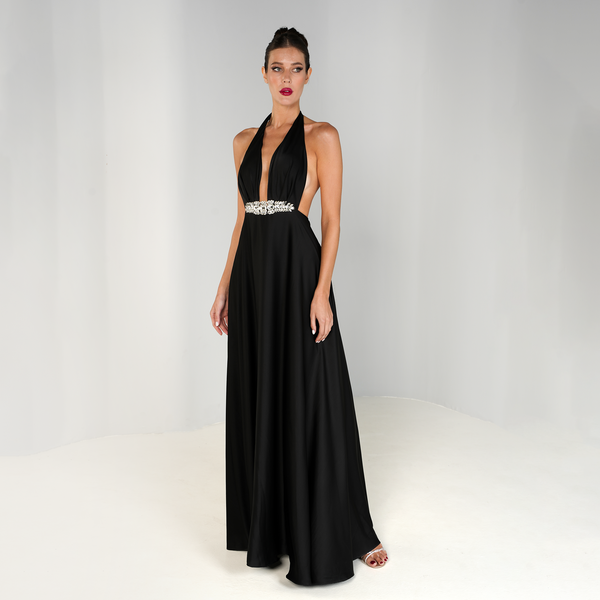 Long black dress with diamond embellishments